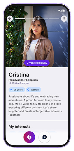 Screenshot of the FilipinoBlush app showing a detailed user profile with photo, age, location, and profile information