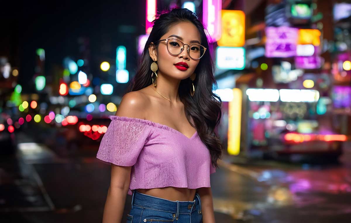 Young Filipina woman in Makati dressed for a night out, walking confidently with a party-ready look
