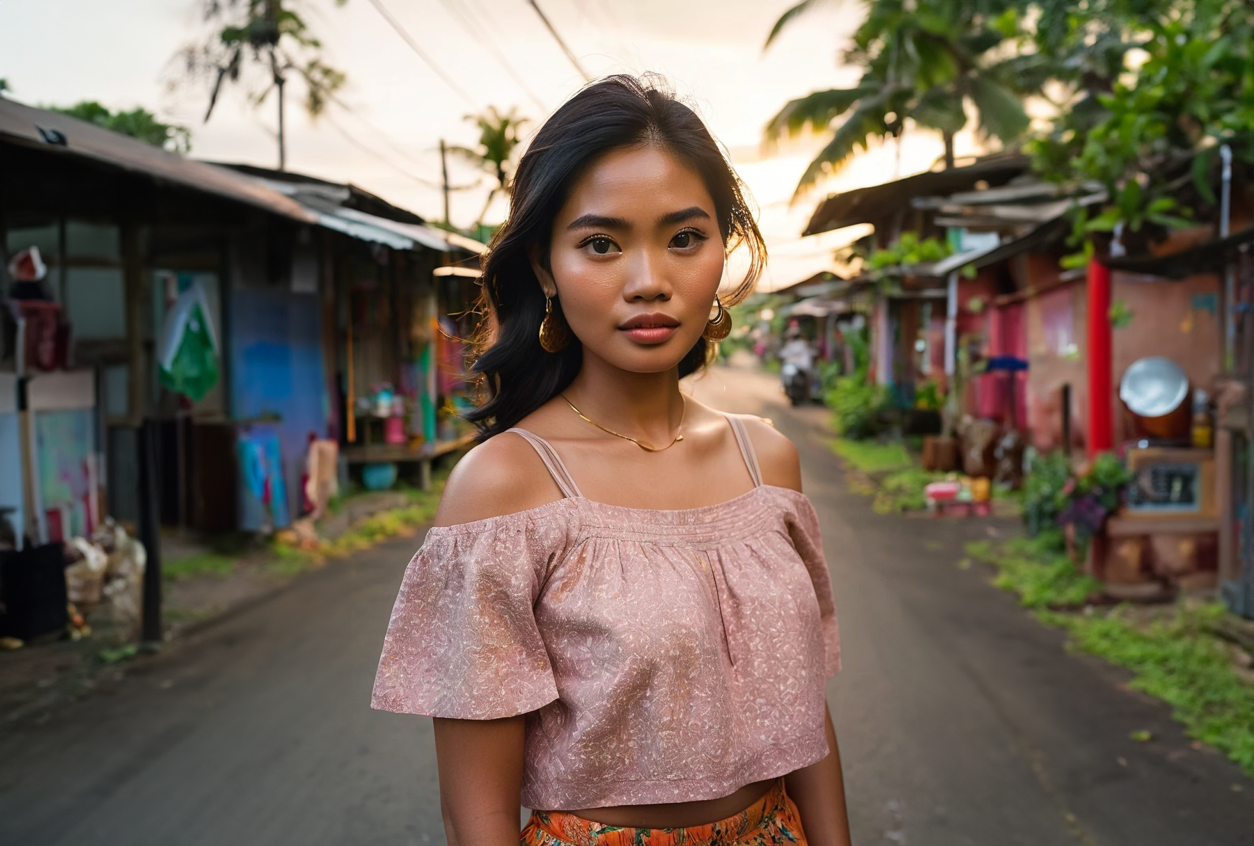 Young Filipina woman standing on a quiet province street in the Philippines, wearing casual clothes and looking thoughtful