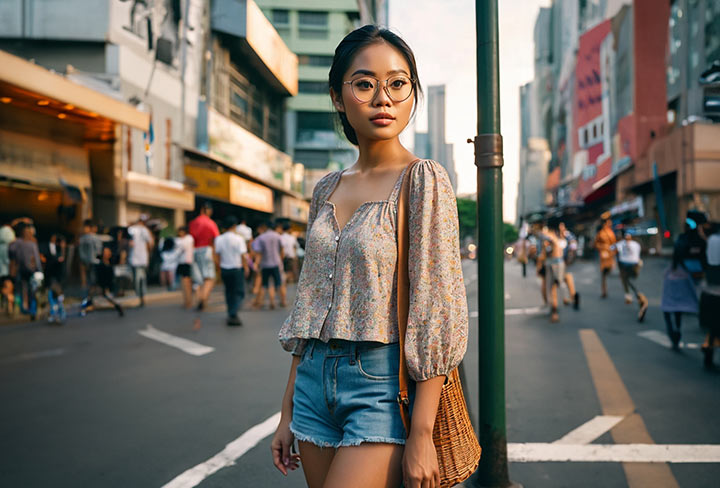 Young Filipina woman wearing glasses standing on a busy street in Manila, with an urban city backdrop.