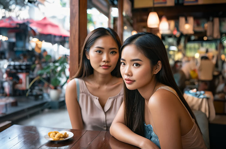 Two young Filipina women sitting together at a restaurant table, engaged in conversation.