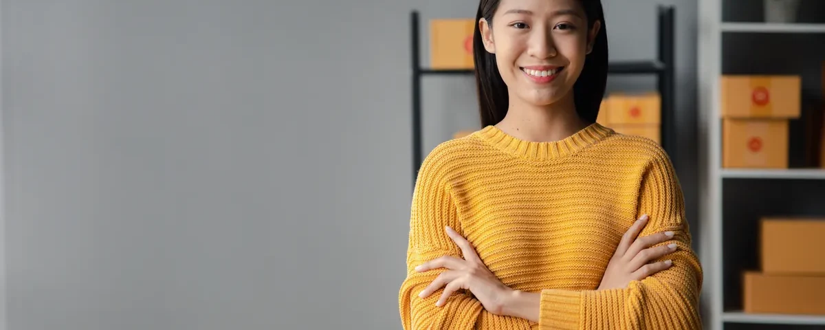 Woman confidently managing online business from her laptop